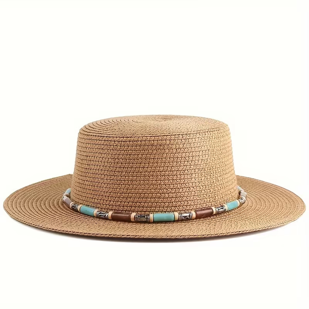 Turquoise Hat Band Beaded Straw Brown Chain Western Style Vintage Boho New